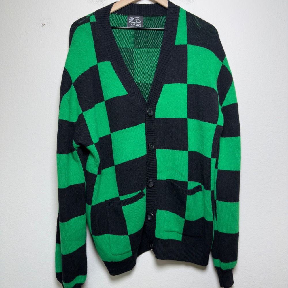 Steady Hands Women Cotton Cardigan M/L Green Black Checkered Tanjiro Anime
